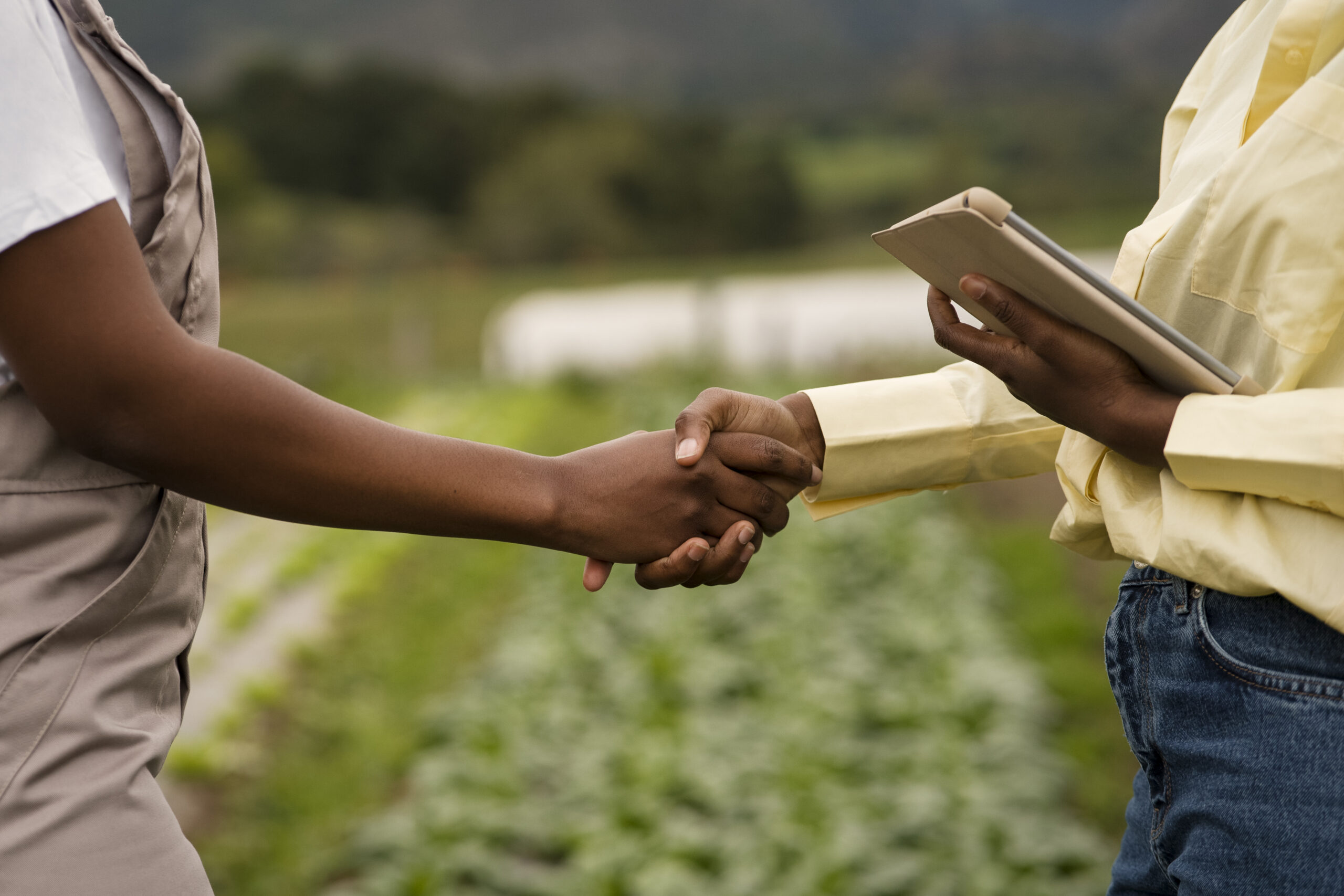 Produtora rural apertando a mão de uma mulher responsável por oferecer o seguro rural.